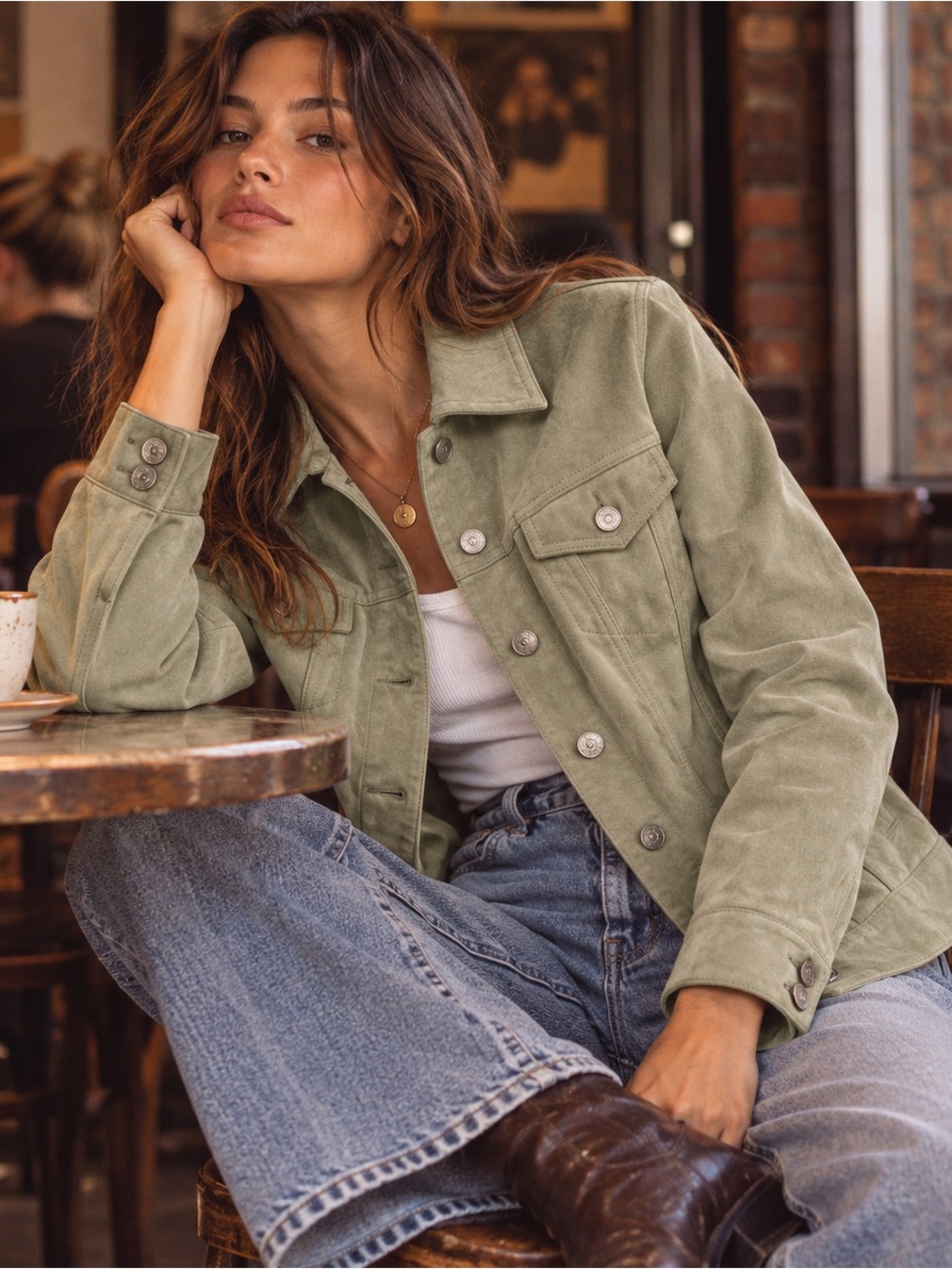 VTG Grunge Y2K Levi Strauss Genuine Suede Leather Trucker Jacket Sage Green M